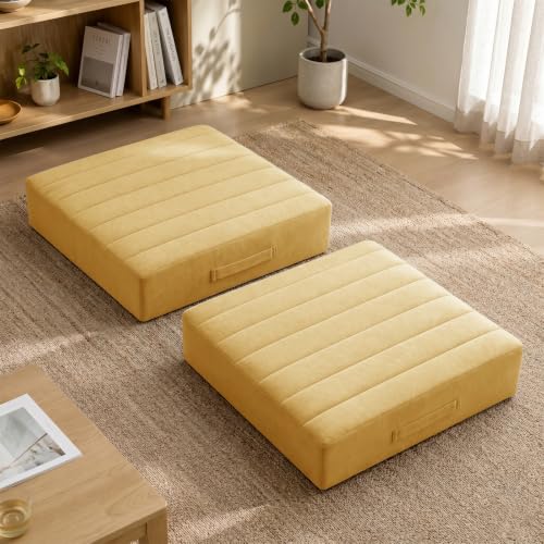 JKMAX 2 Pcs High Density Foam Floor Pillow - Upgraded Large Pillows Seating for Adults - Outdoor Floor Cushion with Soft Tufted Cover - Yoga Pillows for Sitting On Floor - 22 Inch Yellow - color: Yellow, size: 2 Counts