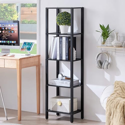 YUFAM 5 Tier Tall Narrow Bookshelf, Skinny Bookcase, Wooden Shelf, Black - color: Black, size: 5-Tier