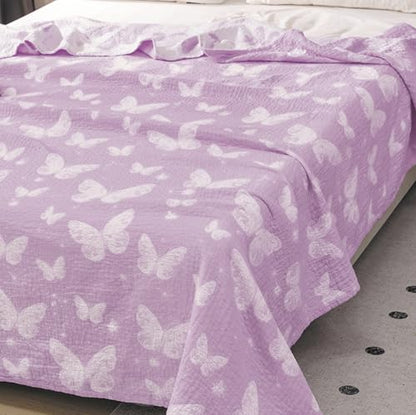 MEJU Dream Butterfly Violet Gentle Girls Muslin All Season Blanket for Bed Sofa Couch, 100% Combed Cotton 3 Layer Soft Throw Blanket Bed Cover Quilt Purple Butterfly Twin 60 in x 80 in - color: Purple Butterfly, size: Twin 60 in x 80 in