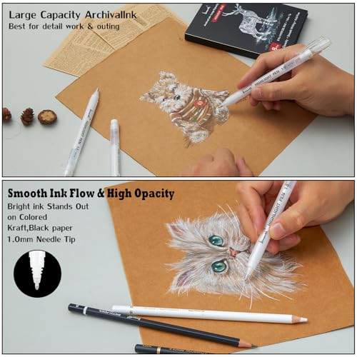 Brusarth White Gel Pens, 1mm Fine Point Opaque Archival Ink Pens | 8 Pack Opaque White Archival Ink Pens for Black Paper Drawing, Sketching, Illustration, Bullet Journaling