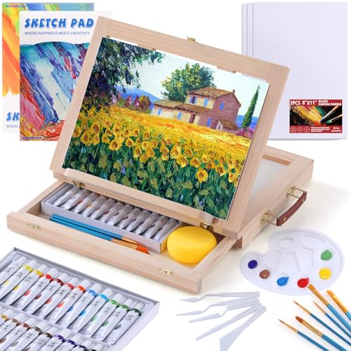54 Pieces Complete Watercolor Paint Set with Portable Wooden Tabletop Easel | Starter Painting Kit with Tubes, Canvas Panels, Sketch Pads, Brushes, Palette for Beginners, Young Artists and Adults - color: Pinewood color