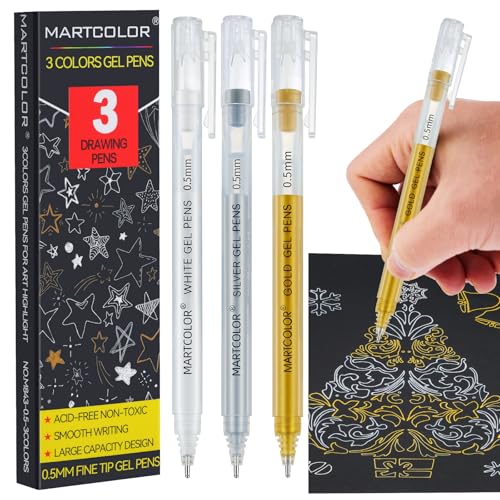 MARTCOLOR Gold Silver White Gel Pens, 3 Pack 0.5mm Fine Point Gel ink Pens | Opaque Archival Ink Pen for Black Paper Drawing, Art Highlight, Illustration, Bullet Journaling, Card Making & DIY Projects - style: Gold Silver White - 0.5mm