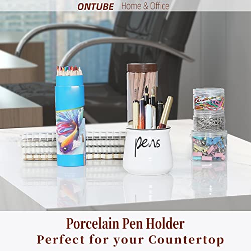 ONTUBE Porcelain Pens Holder Stand ,Ceramic Pencils Holder (White) | Porcelain, ceramic, pen & pencil holder, sturdy, easy-clean, non-slip, compact, elegant, durable, versatile, white, modern - color: White
