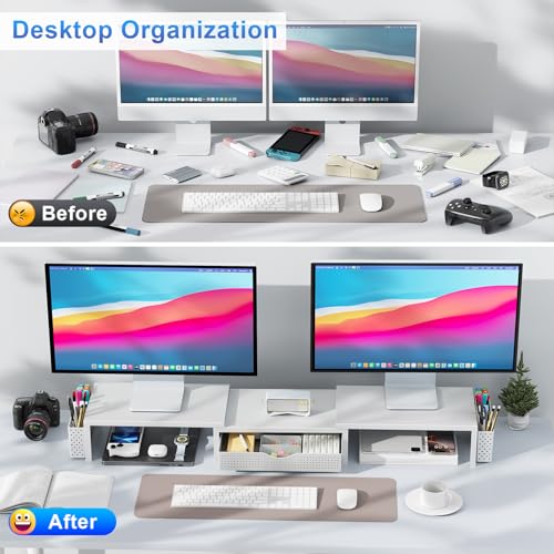 gianotter Dual Monitor Stand Riser With Drawer and 2 Pen Holders - color: White