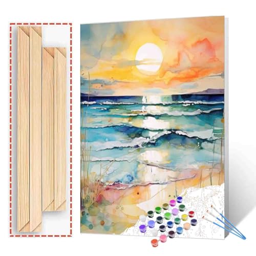 Sea Sunset Abstract Beach View Oil Painting Paint by Number Kits 16 x 20 inch Canvas Graffiti Beach Scenery DIY Painting for Kids Students Adults Beginner with Brushes Acrylic Pigment (DIY Frame) - color: Abstract Beach 03, size: 16''x20''(DIY Frame)