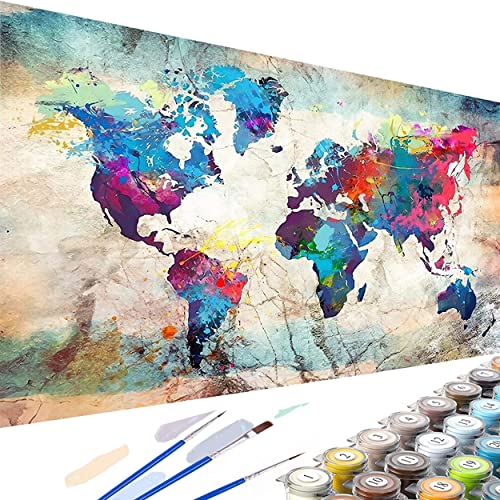 YALKIN Paint by Number Kits for Adults on Canvas, Large Oil Acrylic Painting Kit 15.8x35.5in World Map Easy DIY Paintwork for Beginners, Without Frames - color: World Map