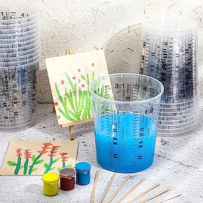 24 Pcs 64 oz 1800 ml Paint Measuring Cups Mixing Cups with Graduated and 20 Pcs Paint Mixing Sticks Plastic Disposable Resin Automotive Epoxy Mixing Cup for Paint Kitchen Cooking Baking
