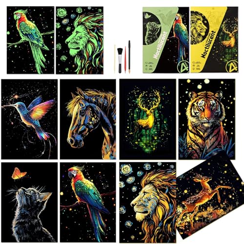 Scratchboard Art for Adults Luminous Scratch Painting Kits-A5/8 PCS-Animals | Luminous Scratch Painting Paper Kit, Relaxing Art Therapy Activity for Adults, Hand Coordination Craft, Creative Outlet Gift - style: Animal