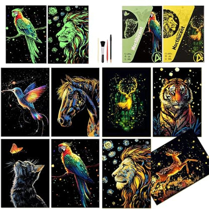 Scratchboard Art for Adults Luminous Scratch Painting Kits-A5/8 PCS-Animals | Luminous Scratch Painting Paper Kit, Relaxing Art Therapy Activity for Adults, Hand Coordination Craft, Creative Outlet Gift - style: Animal