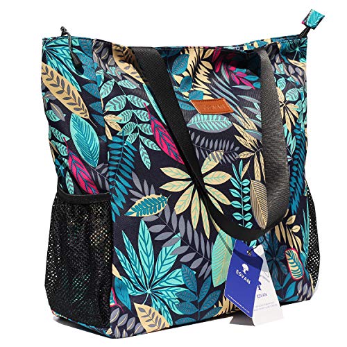 ESVAN Original Floral Water Resistant Large Tote Bag Shoulder Bag for Gym Beach Travel Daily Bags Upgraded - color: [V] Blue Leaf