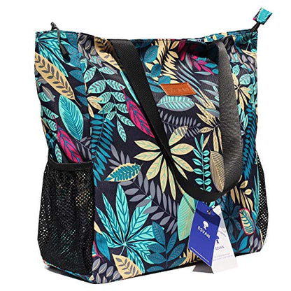ESVAN Original Floral Water Resistant Large Tote Bag Shoulder Bag for Gym Beach Travel Daily Bags Upgraded - color: [V] Blue Leaf