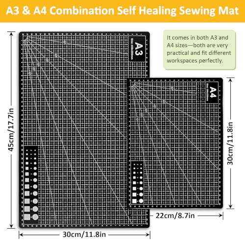 2 Pcs Large Cutting Mat Self Healing,Double Sided,Grid Line And Angles Help To Cut Precisely,Craft Mats for Scrapbooking, Quilting, Sewing and All Arts,Non Slip & Easy Clean ((A3 & A4 Black) - color: Black