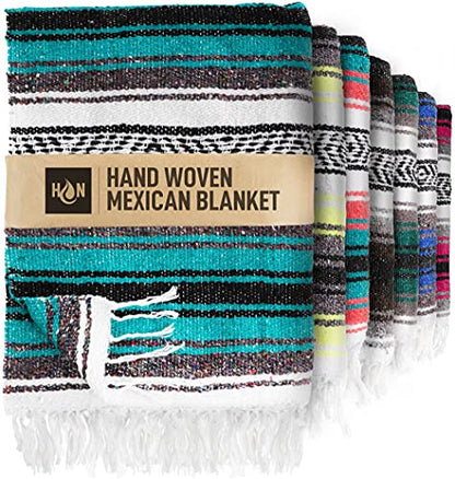 Authentic Extra Large Mexican Blanket - 70"x50" Handwoven Yoga, Serape, Artisanal Falsa, Beach, Camping, Picnic, Outdoor Blanket (Emerald) - color: Emerald