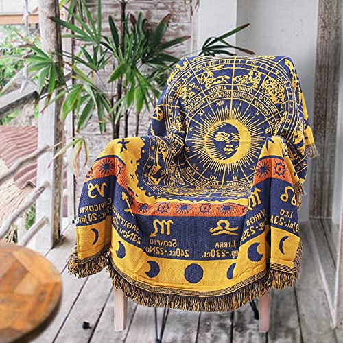Boho Throw Blankets Woven Reversible Cotton Bohemian Tapestry Hippie Room Decor Witchy Astrology Zodiac Celestial Constellation Carpet Bed Recliner Chair Couch Sofa Cover Double Sided 50"x70" - color: Yellow Constellation, size: 50x70 inch