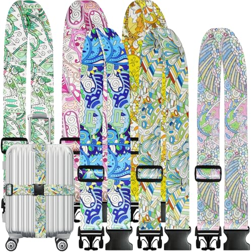 6 Pieces Luggage Straps Patterned Luggage Strap Suitcase Straps Luggage Belt Adjustable Travel Luggage Belt Strap with Quick Release Buckle, 2 inches Wide by 72 inches Long (Feather Style) - style: Feather Style
