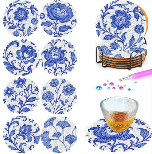 Mrnsiet 8PCS Flowers Diamond Art Coasters Kits with Holder, DIY Blue Flower Diamond Painting Coasters for Adults, Non Slip Mosaic Dot Painting Coaster with Cork Pads for Beginners 4x4 Inch - color: Bdwy465-us