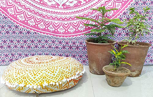 INDIAN CRAFT CASTLE 24" Yellow Ombre Mandala Barmeri Large Floor Pillow Cover Cushion Meditation Seating Ottoman Throw Cover Hippie Decorative Zipped Bohemian Pouf Ottoman Pom Pom Cases 24" Round - color: Fire, style: 24 Inch Round