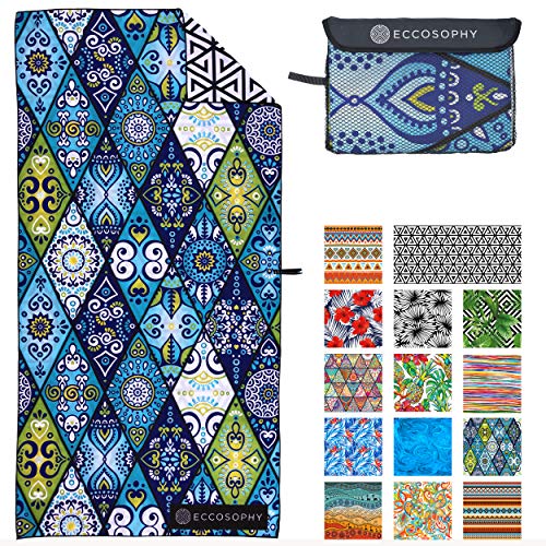 ECCOSOPHY Microfiber Beach Towel - Quick Dry, Sand Free and Oversized 71x35 | Super absorbent, lightweight, swimming, gym, extra large, pool, cruise, camping, yoga, travel, compact, carry bag, vacation - color: Mykonos