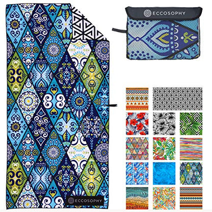 ECCOSOPHY Microfiber Beach Towel - Quick Dry, Sand Free and Oversized 71x35 | Super absorbent, lightweight, swimming, gym, extra large, pool, cruise, camping, yoga, travel, compact, carry bag, vacation - color: Mykonos
