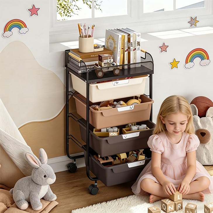 SYKIARIOL 4-Drawer Rolling Storage Cart with Mesh Top,Brown | Utility Craft Organizer Cart on Wheels with 4 DIY Labels, Rolling Drawer Cart for Home Office Classroom Bedroom - color: Gradient Brown