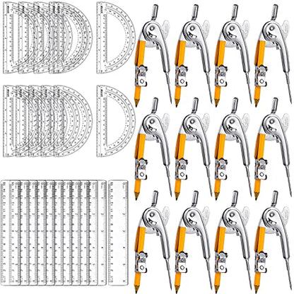 48 Pcs Geometry Protractor and Compass Set Geometry Student Math Set with Pencil and Clear Straight Ruler School Classroom Supplies for Study Office Drafting Wood Work Drawing