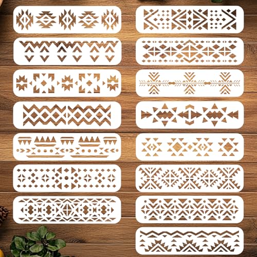 ORIGACH 15 Pcs Aztec Stencils for Painting on Wood Wall, 30 x 7.6 cm | Geometric Reusable Boho Borders Pattern Stencils Templates for Painting on Canvas Furniture - style: Aztec
