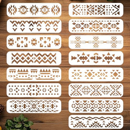 ORIGACH 15 Pcs Aztec Stencils for Painting on Wood Wall, 30 x 7.6 cm | Geometric Reusable Boho Borders Pattern Stencils Templates for Painting on Canvas Furniture - style: Aztec