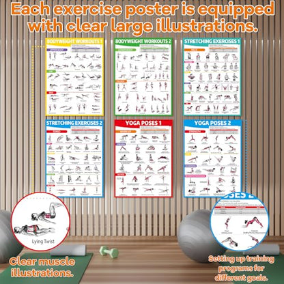 gisgfim 6PCS Workout Posters for Home Gym-Yoga Poses, Stretching and Bodyweight Exercise Charts Yoga Positions Poster Full Body Laminated Fitness Training Guide for Beginners Garage Wall Decor