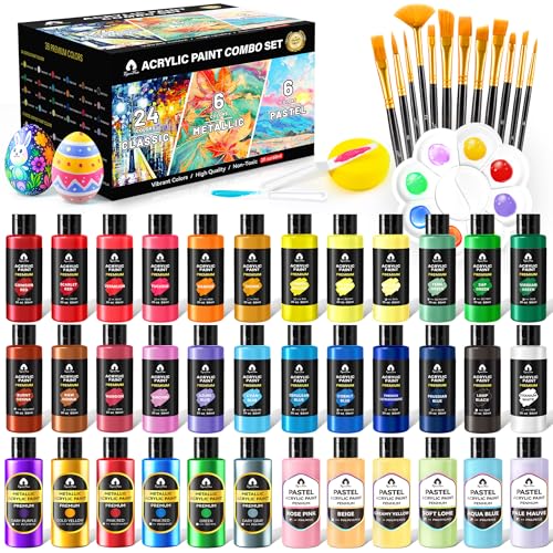 52 Pcs Classic & Metallic & Pastel Acrylic Paint Set with 12 Brushes, 2 Knives & Palette, 36 Colors (2oz/60ml) - for Adults, Kids, Artists & Beginners - Arts and Crafts Painting Kit - color: Mixed, size: 2 Fl Oz (Pack of 36)