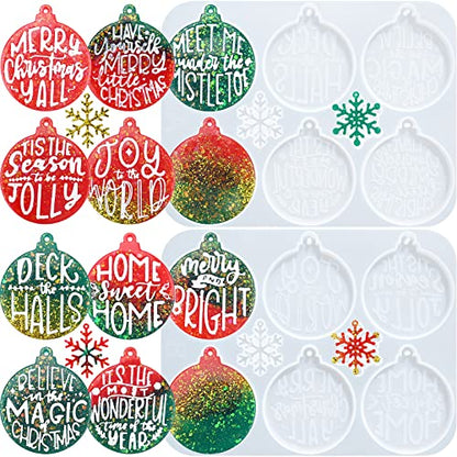 Sakolla Christmas Resin Molds 2 Pack Christmas Silicone Molds Ornaments Resin Molds Round Shape Lettered Pendant for Epoxy Resin Casting DIY Jewelry Keychain Snowflakes Crafts - color: Round/White