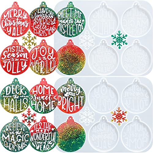 Sakolla Christmas Resin Molds 2 Pack Christmas Silicone Molds Ornaments Resin Molds Round Shape Lettered Pendant for Epoxy Resin Casting DIY Jewelry Keychain Snowflakes Crafts - color: Round/White