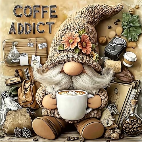 Bowetile 5D Diamond Art Gnome Kits for Adults, Coffe Addict Gnome Diamond Painting Kits, DIY Full Round Drill Diamond Dots Paintings Picture Gem Art Craft for Home Wall Decor 12x12 Inch - color: Coffe Addict Gnome