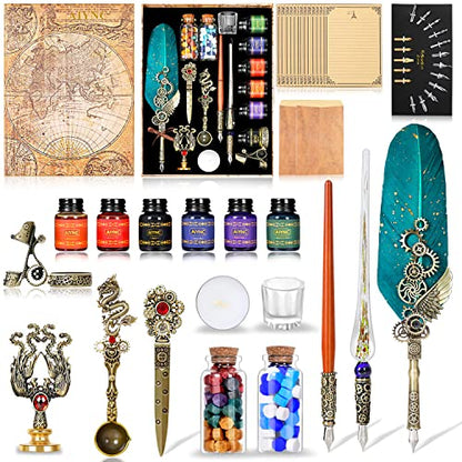 Feather Ink Set, With Quill Pen, Wooden Dip Pen, Glass Dip Pen, 6 Bottles Ink, 16 Letter Paper, 2 Envelopes, 17 Nibs, Pen Holder, 2 Bottles Fire Lacquer Wax, Stamp, Spoon, White Wax, Cup(Green) - color: Green