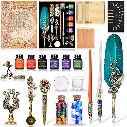 Feather Ink Set, With Quill Pen, Wooden Dip Pen, Glass Dip Pen, 6 Bottles Ink, 16 Letter Paper, 2 Envelopes, 17 Nibs, Pen Holder, 2 Bottles Fire Lacquer Wax, Stamp, Spoon, White Wax, Cup(Green) - color: Green