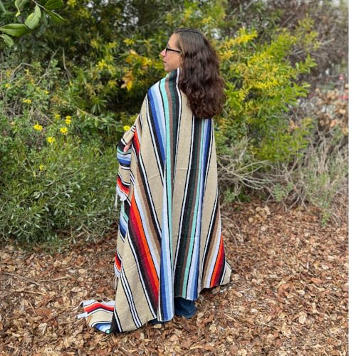 Open Road Goods Authentic Mexican Serape Blanket – 100% Cotton Falsa Throw - Multi-Color Handmade Blanket/Classic Striped Falsa Beach Blanket (Tan/Beige) - color: Tan/Beige
