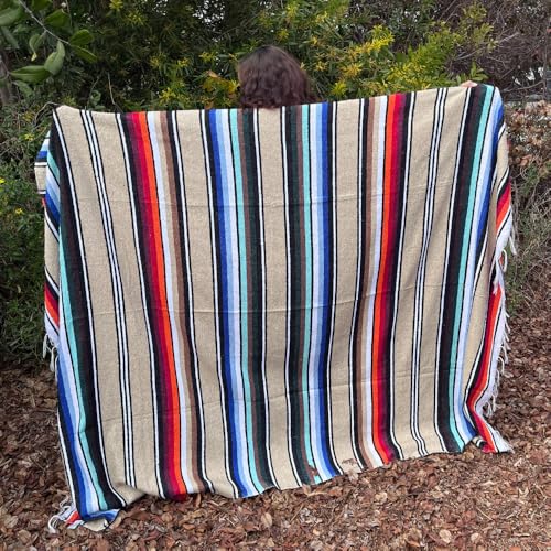 Open Road Goods Authentic Mexican Serape Blanket – 100% Cotton Falsa Throw - Multi-Color Handmade Blanket/Classic Striped Falsa Beach Blanket (Tan/Beige) - color: Tan/Beige