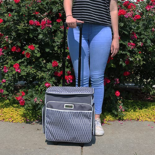 Everything Mary Rolling Scrapbook Storage Tote – Grey/White Diamond Craft Case for Paper, Binders, Beads, Scissors & Supplies – Telescoping Handle with Dual Wheels - color: Grey/White Diamond