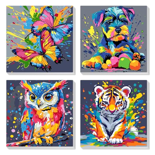 QENSPE 4 Pack Paint by Numbers with Wooden Frame, Color Animals Paint by Number for Beginners, DIY Acrylic Oil Paints Arts on Canvas, Home Wall Decor Gift 8X8 inch - color: Butterfly+Puppy+Owl+Tiger