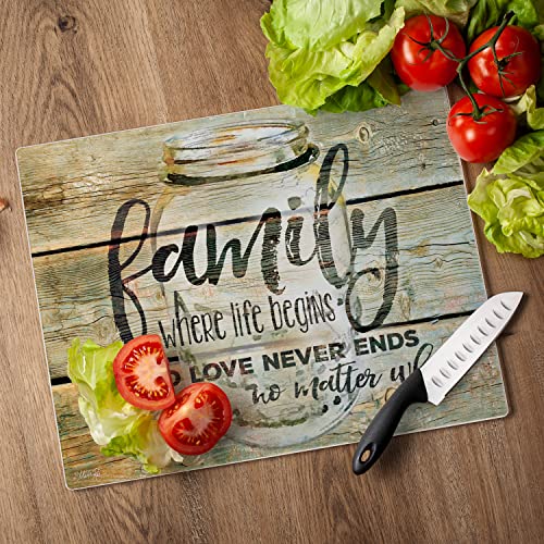 CounterArt Family Time 3mm Tempered Glass Cutting Board 12" x 15" | Serving Board, Charcuterie Board, Countertop Protection - color: Family Time