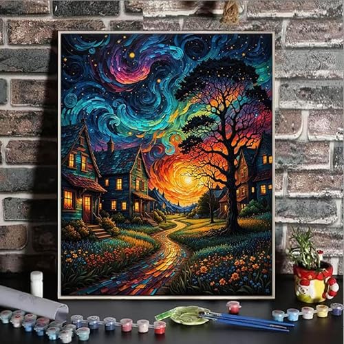 ldazao Starry Paint By Numbers Kit for Adults with Frame Wooden Easel, Country Night Paint By Number Kits for Beginner Moon for Gift Home Wall Decor 16x20 Inch - color: FDD52