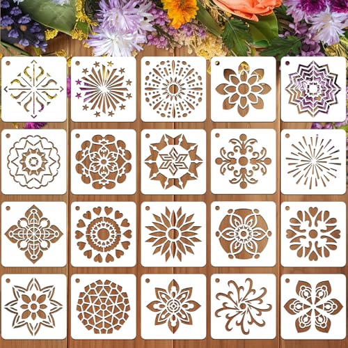 JULMELON 20Pcs Mandala Stencils 3 Inch, Reusable for Rock Wood Painting | Plastic Reusable, for DIY Art Projects Fabric Canvas Wall, Mandala Rock Painting Stencils - style: Mandala Stencils