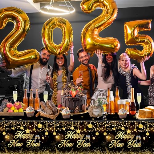 3 Pack New Years Tablecloths - Happy New Year Plastic Tablecloth Set, Black and Gold Disposable New Year's Table Cloth Cover Rectangle for 2026 New Years Eve Party Supplies Decorations, 108x54 Inch - color: New Year