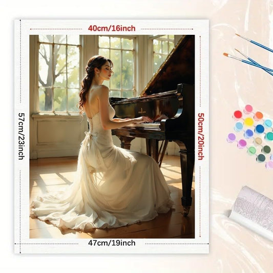 Romantic Paint by Numbers Kit for Adults - DIY Woman in White Dress Playing Piano Painting on Canvas 16x20 Inches, Acrylic Paint Set, Suitable for Beginners, Art for Home Decoration or Gifts - color: HSX00271, size: 16X20IN Folded