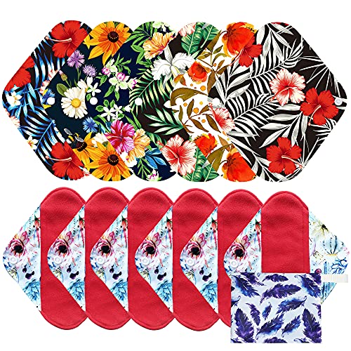7pcs Set Reusable Women Menstrual Pads Including 1pc Mini Wet Bag +6pcs Reusable Washable Stay Dry Cloth Menstrual Pads/Maternity Mama Sanitary Wipes/Mama Panty Liners - color: Red Microfleece