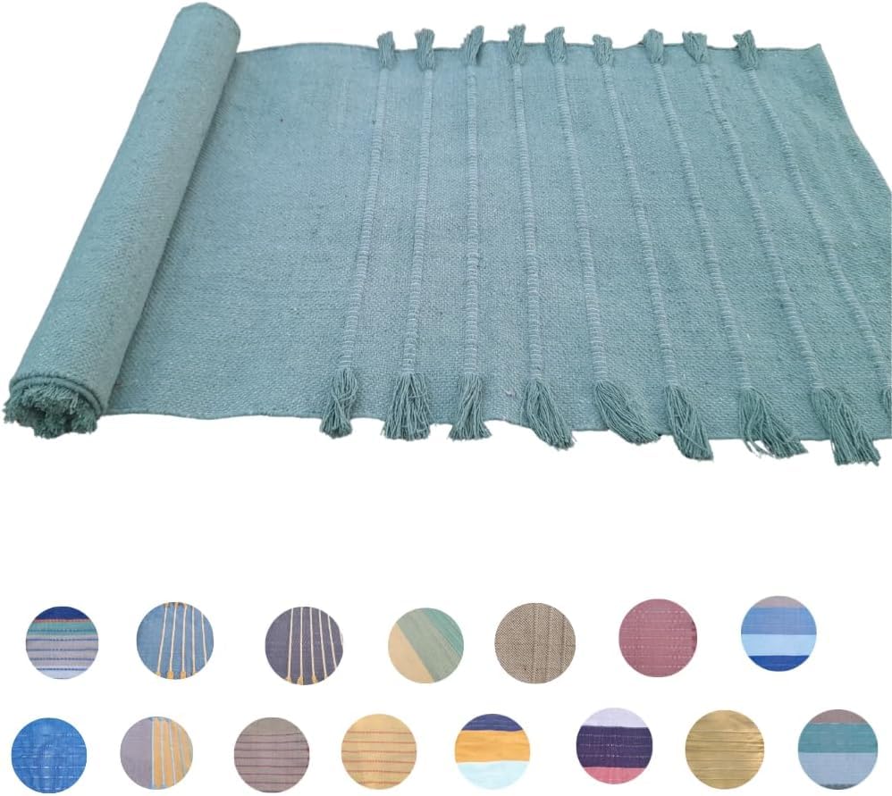 Indian Handmade100 % Organic Anti Skid Multi Colour Cotton Yoga Mat - Eco-Friendly Hand-Woven Rug - Non-Slip & Thick (24”x72”x5mm) for Hot yoga & Everyday Fitness at Home - Comfortable & Foldable Extra-Long Mat - color: Light Green