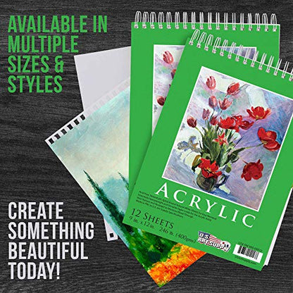 U.S. Art Supply 9x12 Premium Heavy-Weight Acrylic Painting Paper Pad, 246lb (400gsm), 2 Pack, 12 Sheets, Spiral Bound, for Acrylic Paint