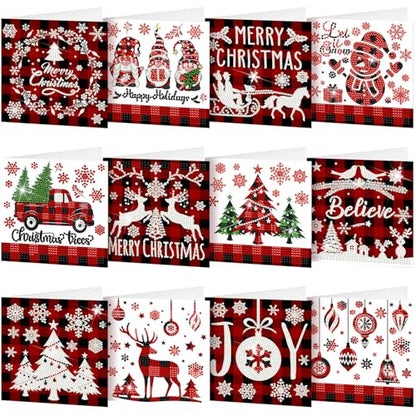 Saillong 12 Pack Christmas Diamond Painting Greeting Card Kits DIY Red Plaid Christmas Diamond Art Cards with Envelopes Xmas 5D Rhinestones Painting for Adults DIY Craft Family Friend Xmas Gifts - color: Plaid Christmas