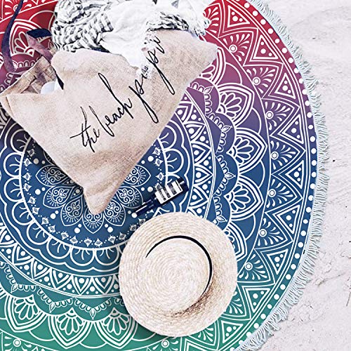 Oversize Round Mandala Beach Towel Blanket, Circle Microfiber Bohemian Boho Quick Dry Super Water Absorbent Towel, Hippy Gypsy Yoga Mat Picnic Table Mediation Throw Tapestry with Tassel Ultra ,59” - color: Green Pink Mandala Beach Towel