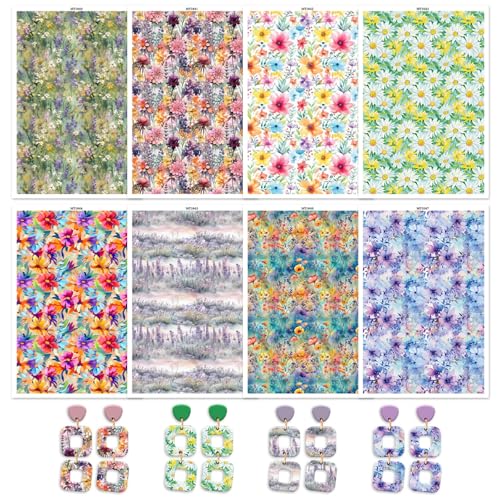 8 Pcs Blossom Floral Transfer Paper for Polymer Clay, Lavender Peony Sunflowers Water Transfer Sheets for Polymer Clay, Polymer Clay Transfer Paper for DIY Art Jewelry Earrings Making 5.82X3.93inch
