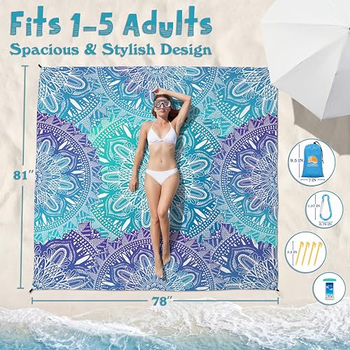 Aroveea Beach Blanket Waterproof Sandproof 78''X81''/10'X9' Oversized Mat - color: Mandala3, size: 78''x81''